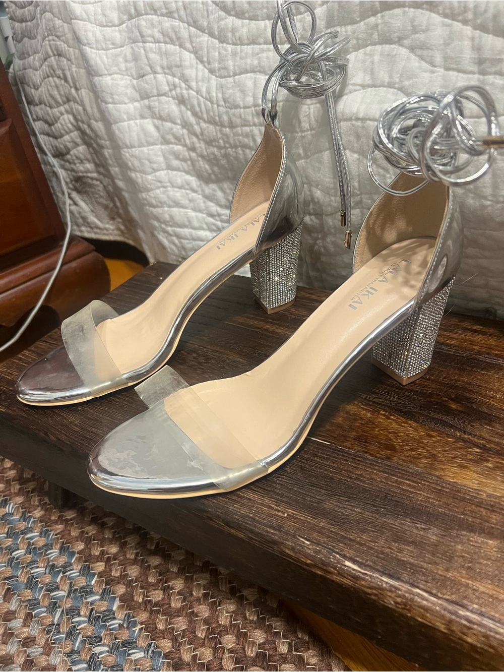Silver Rhinestone Block Heel Ankle-Tie Sandals